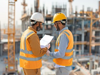 Two construction engineers wearing safety gear and helmets review blueprints at a busy building site with cranes and structures.