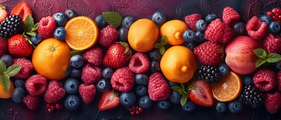 Wall Mural - A colorful fruit display with oranges, apples, and strawberries