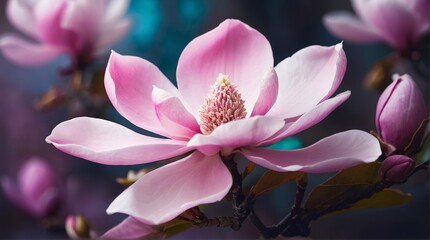 Wall Mural - Single pink magnolia blossom in full bloom showcasing intricate beauty