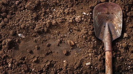 Rusty shovel in soil, surrounded by small rocks