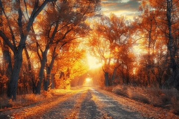 Wall Mural - Autumn forest with country road at sunset. Colorful landscape with trees, rural road, orange and red leaves, sun in fall. Travel. Autumn background. Amazing forest with vibrant foliage in the evening