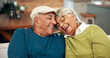 © KayJoint/peopleimages.com - Happy, elderly couple and hug with love on sofa for bonding, support and embrace for relationship memory. Smile, woman and man with trust, care and relax together on couch of retirement peace at home