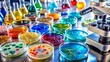 © DigitalArt Max - Microscopic view of petri dishes filled with colorful cultures and viruses on a modern laboratory workbench with various equipment.