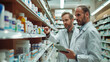 © Imaging L - Pharmacists reviewing prescriptions, organized pharmacy shelves, modern healthcare setting