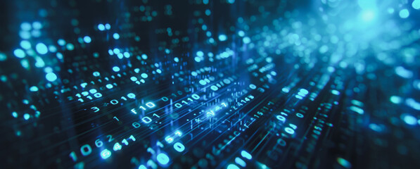 Abstract digital binary code pattern with glowing blue lights