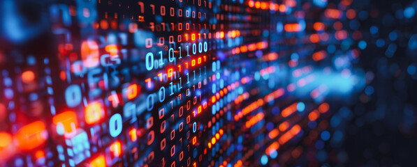 Binary code background with red and blue lighting