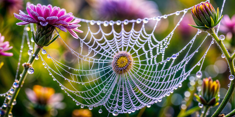 nature, cobweb, dew, flowers,