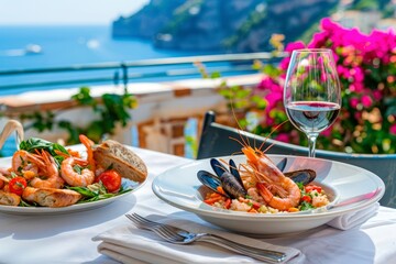 Wall Mural - A Taste of the Amalfi Coast: Delight in Risotto ai Frutti di Mare with Fresh Seafood on a Terrace Overlooking the Breathtaking Coastline.