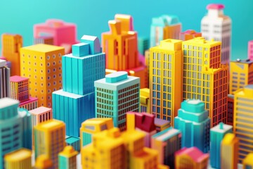 A colorful cityscape with a skyscraper