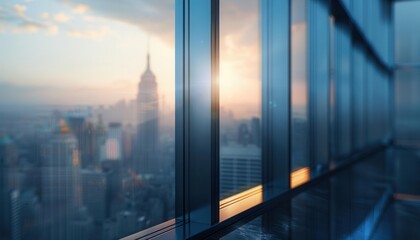 An AI-rendered close-up of a large window showing a dynamic view of a modern city skyline.