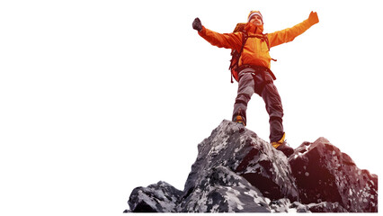 Hiker celebrating on top of a mountain isolated on a transparent background, PNG