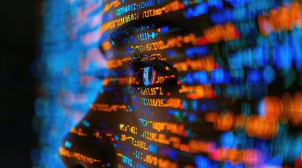Futuristic Artificial Intelligence Concept: Face Emerging from Digital Code Matrix