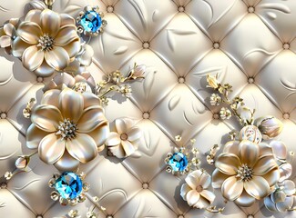 3d wallpaper background with quilted pattern and blue gems, flowers, beige color