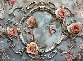 3d wallpaper with oval frame, roses and lace pattern on vintage background