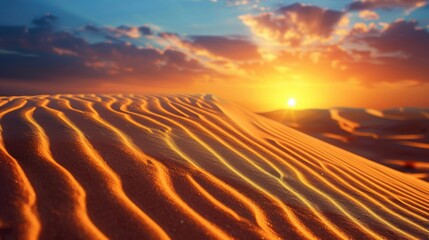 Wall Mural - Rippling sand dunes illuminated by a vibrant sunset, creating a picturesque and tranquil desert landscape under a colorful sky.