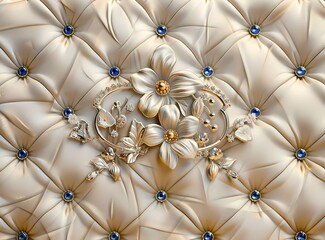 3d wallpaper background with quilted pattern and blue gems, flowers, beige color