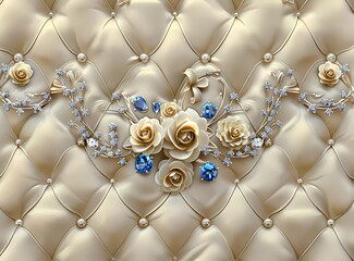 3d wallpaper background with quilted pattern and blue gems, flowers, beige color