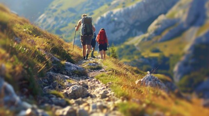 Wall Mural - Hikers walking along a mountain trail, enjoying the scenic view and the natural beauty of the rocky landscape.