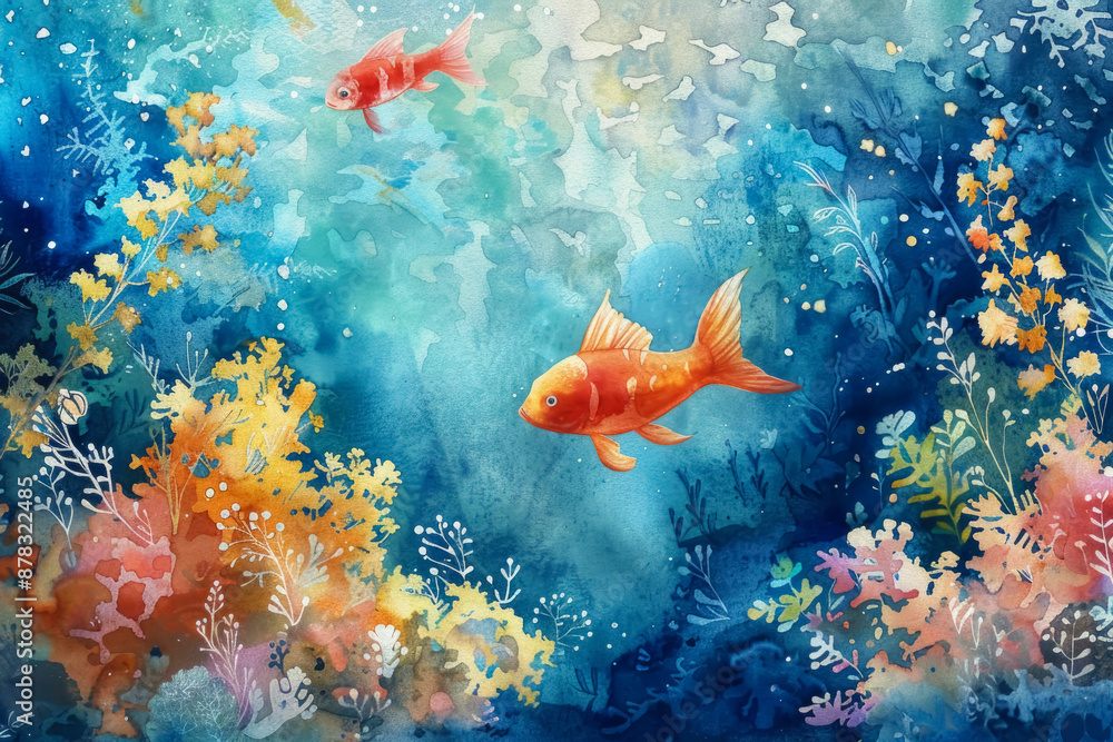 Watercolor images of a magical underwater world with friendly sea ...