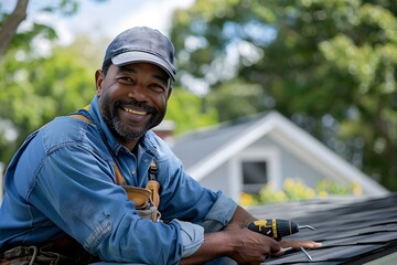 Wall Mural - Smiling Roofer Working on a House Roof