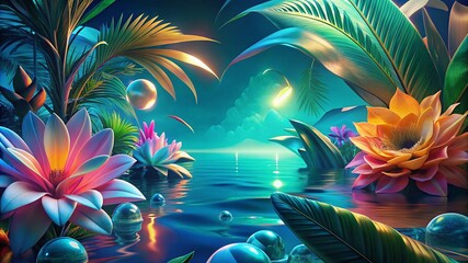 Tropical Fantasy Reflections Sunrise Sunset Exotic Palm Jungles  Scenic Waterscapes abstract backgrounds