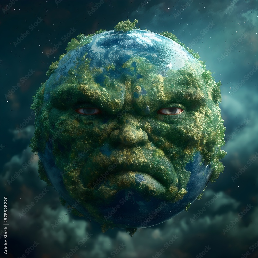 Angry Earth face with expressive features in a cosmic background Stock ...