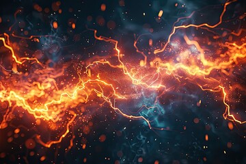 Abstract digital painting of glowing orange and blue electric plasma trails with particles on dark background