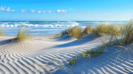 Coastal dune landscape with wind-sculpted sand, hardy grasses, and the ocean waves crashing in the background under a clear blue sky.