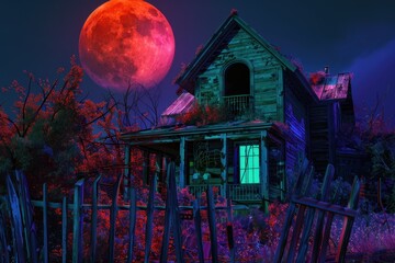 Wall Mural - an abandoned ghost mansion in the blood moon night