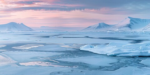  landscape with vast ice fields, snow-covered mountains in the distance, and a polar sky in soft pastel colors.