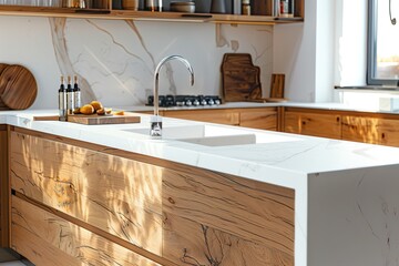 Modern kitchen interior with wood and marble elements