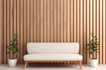 Wall Mural - Modern Minimalist Living Room Interior with Wooden Wall and White Sofa