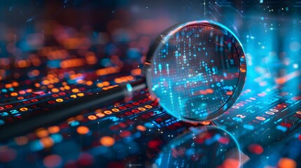 A magnifying glass over digital data, representing the inspecting and analyzing of information in cyber security or business analytics.
