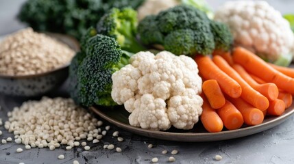 Wall Mural - A close-up of fresh and healthy vegetables including vibrant carrots, white cauliflower, and green broccoli, showcasing the diversity and richness of natural produce.