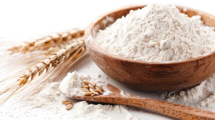 A rustic wooden bowl filled with white flour, complemented by wheat spikes and grains, encapsulating the fundamental baking and cooking ingredients in a classic manner.