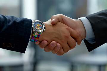 Close-up of two businessmen shaking hands, focusing on a vibrant, colorful watch on one wrist, symbolizing a successful business deal.