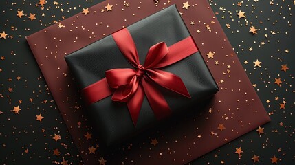 Wall Mural - Black Gift Box with Red Bow on Red and Black Background