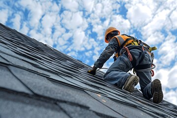 Wall Mural - Roofer at Work on a Shingled Roof Under a Beautiful Sky