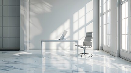 Wall Mural - A sleek office space with a glass desk and ergonomic chair, set against a backdrop of large windows and light grey walls.