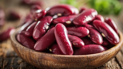 Red kidney beans in a wooden bowl.