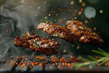 Wall Mural - Juicy Grilled Steaks with Herbs and Spices