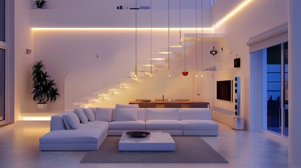 Wall Mural - Contemporary living room with white walls, sleek decor, and hanging LED lights