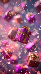 Wall Mural - Vibrant and Festive Floating Gift Boxes with Sparkles and Bokeh, Perfect as Abstract Wallpaper or Holiday Background for Christmas, Thanksgiving, National Day, and New Year Bestsellers. High-Resolutio