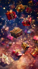 Wall Mural - Vibrant and Festive Floating Gift Boxes with Sparkles and Bokeh, Perfect as Abstract Wallpaper or Holiday Background for Christmas, Thanksgiving, National Day, and New Year Bestsellers. High-Resolutio