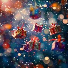 Wall Mural - Vibrant and Festive Floating Gift Boxes with Sparkles and Bokeh, Perfect as Abstract Wallpaper or Holiday Background for Christmas, Thanksgiving, National Day, and New Year Bestsellers. High-Resolutio