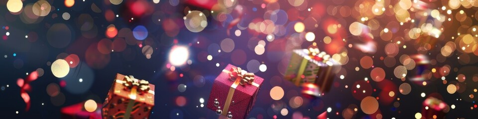 Wall Mural - Vibrant and Festive Floating Gift Boxes with Sparkles and Bokeh, Perfect as Abstract Wallpaper or Holiday Background for Christmas, Thanksgiving, National Day, and New Year Bestsellers. High-Resolutio