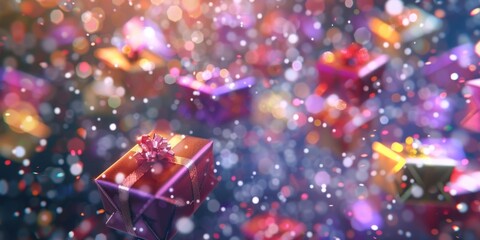 Wall Mural - Vibrant and Festive Floating Gift Boxes with Sparkles and Bokeh, Perfect as Abstract Wallpaper or Holiday Background for Christmas, Thanksgiving, National Day, and New Year Bestsellers. High-Resolutio