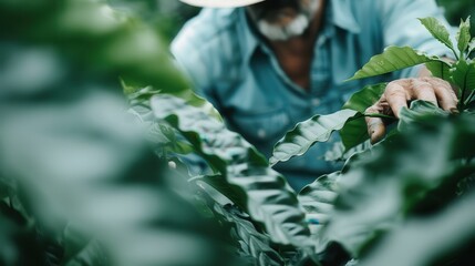 A farmer is closely tending to his crops in a vibrant and lush green farmland, illustrating the dedication and care involved in agricultural work and food production.