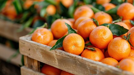 Wall Mural - A wooden crate filled with ripe oranges still attached to their green leaves, presenting a vibrant and fresh display of citrus fruits ready for consumption or sale.