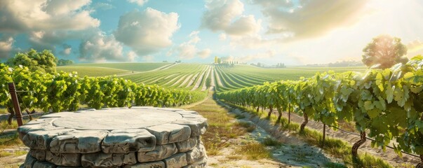 Wall Mural - A stone podium in a picturesque vineyard, with rows of grapevines stretching out under a bright summer sky.